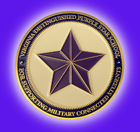 Purple Star School medallion: Purple star in the field of white with purple band: Virginia Distinguished Purple Star School For supporting military connected students.