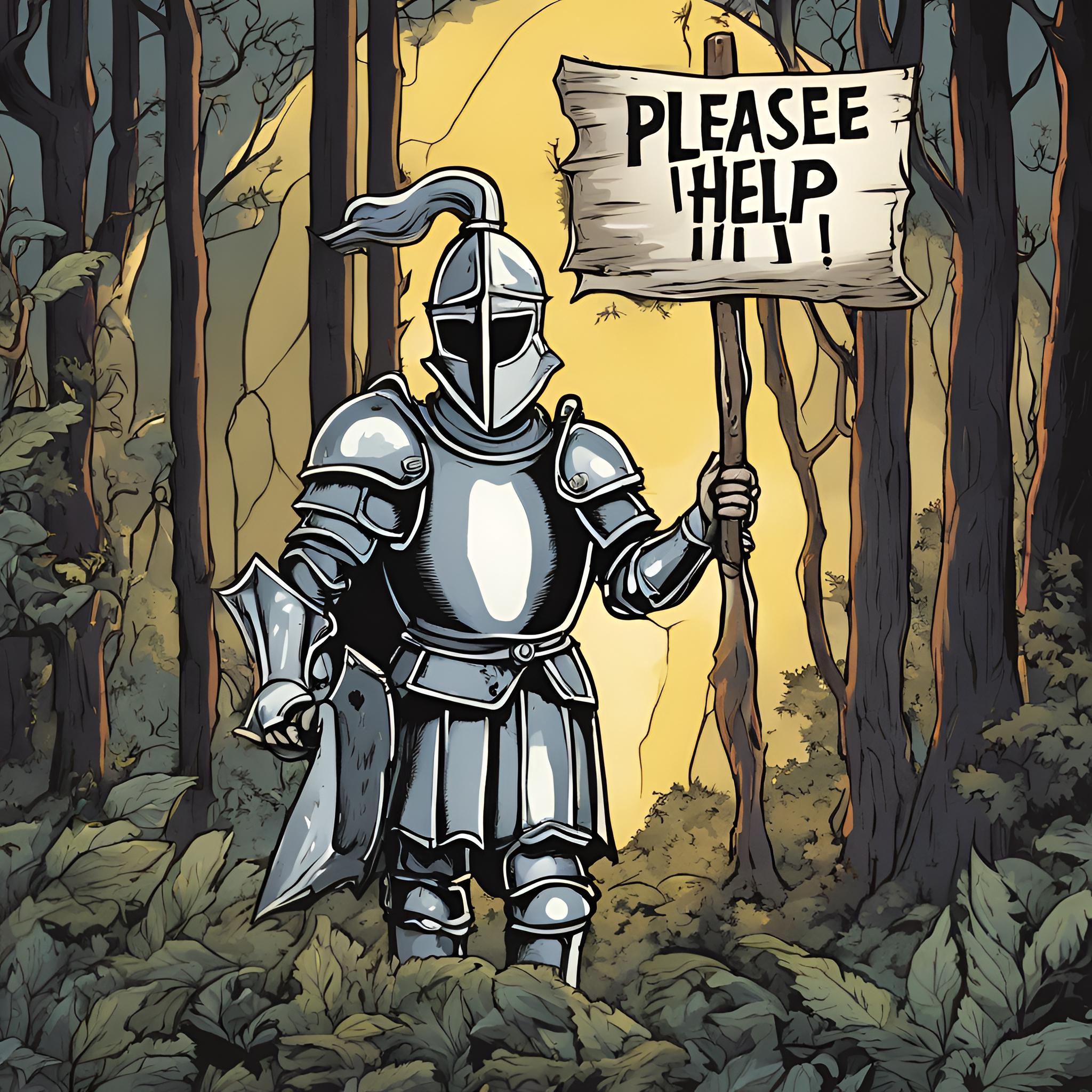 Knight in forest with please help sign.